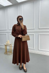 Pocketed Pleated Skirt Suit Brown