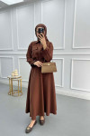 Pocketed Pleated Skirt Suit Brown