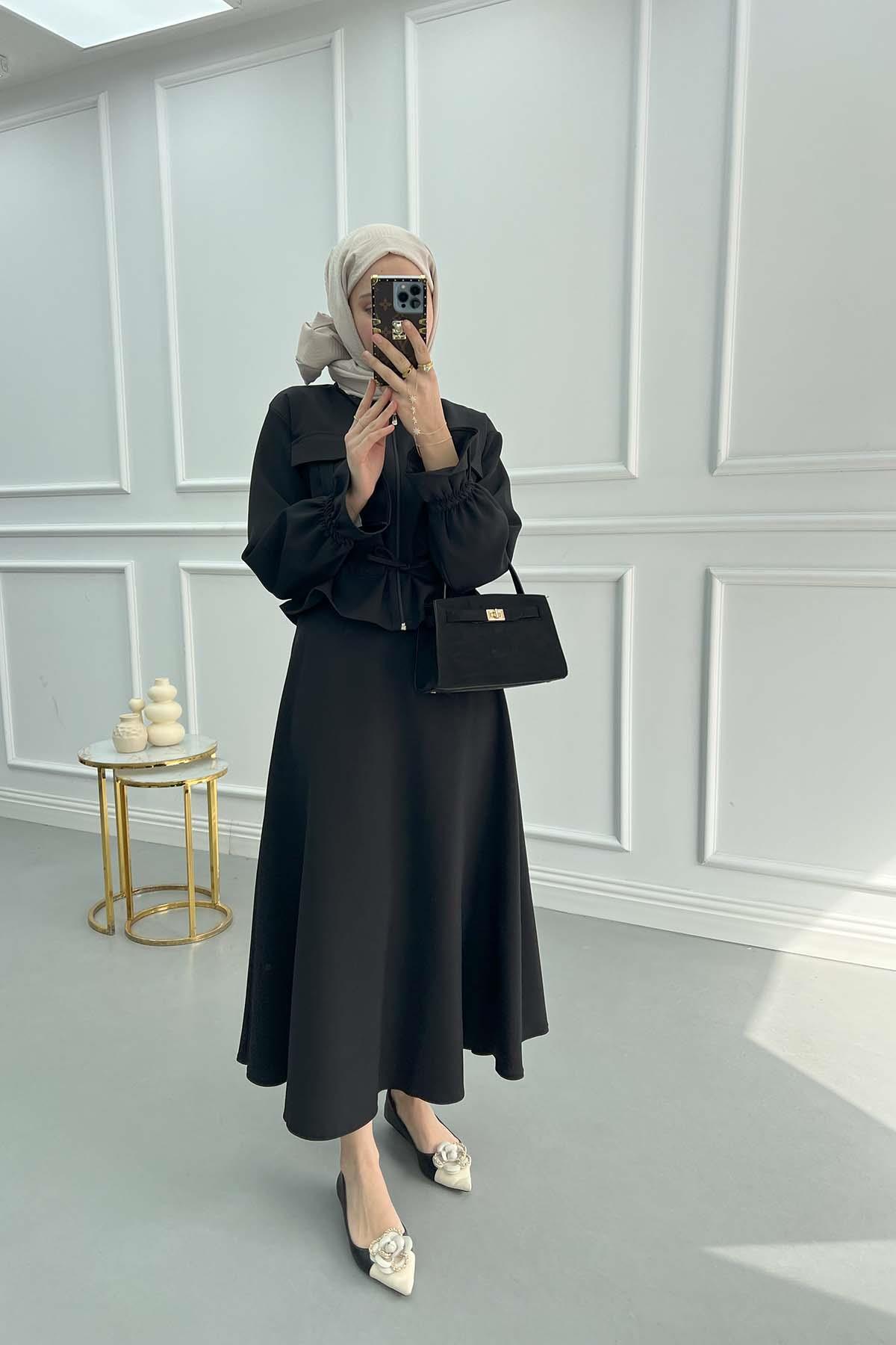 Pocket Pleated Skirt Suit Black