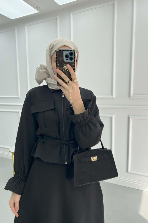 Pocket Pleated Skirt Suit Black