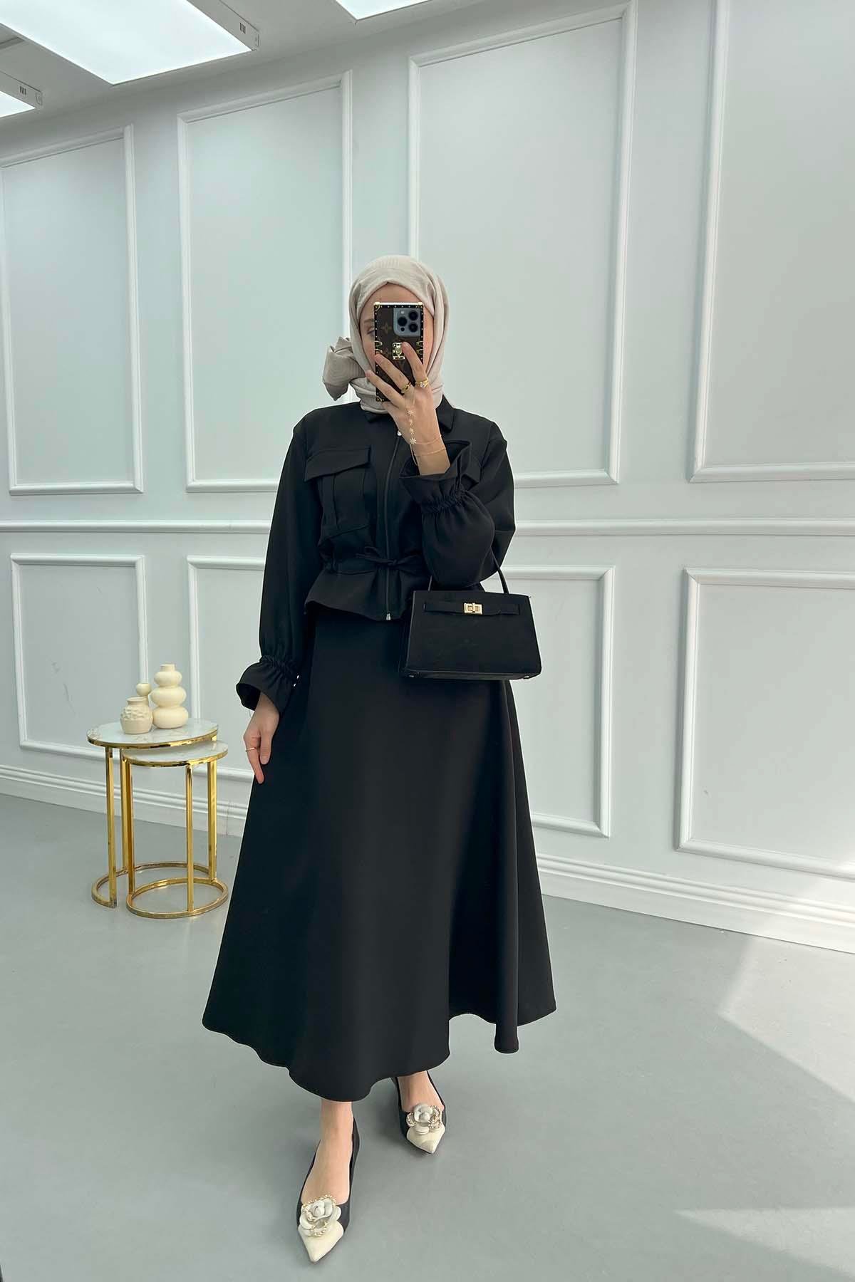 Pocket Pleated Skirt Suit Black