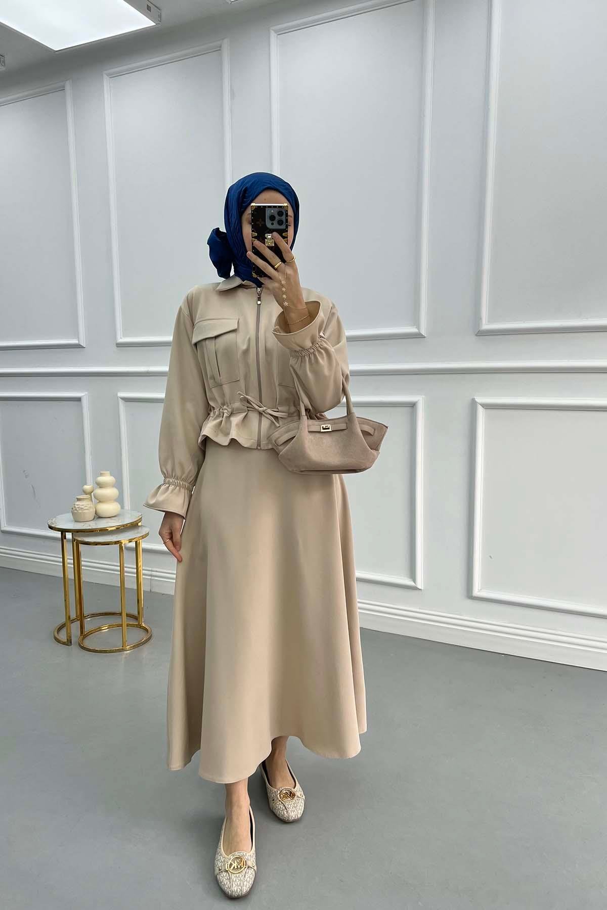 Pocketed Pleated Skirted Suit Stone