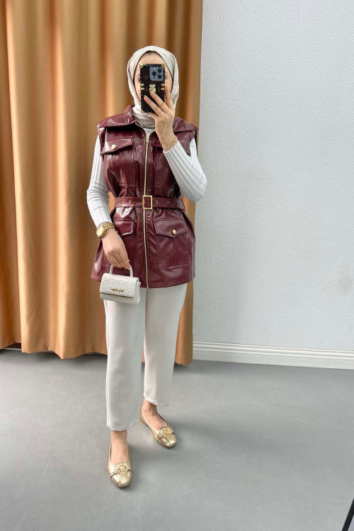 Leather Vest with Pockets Cherry Brown