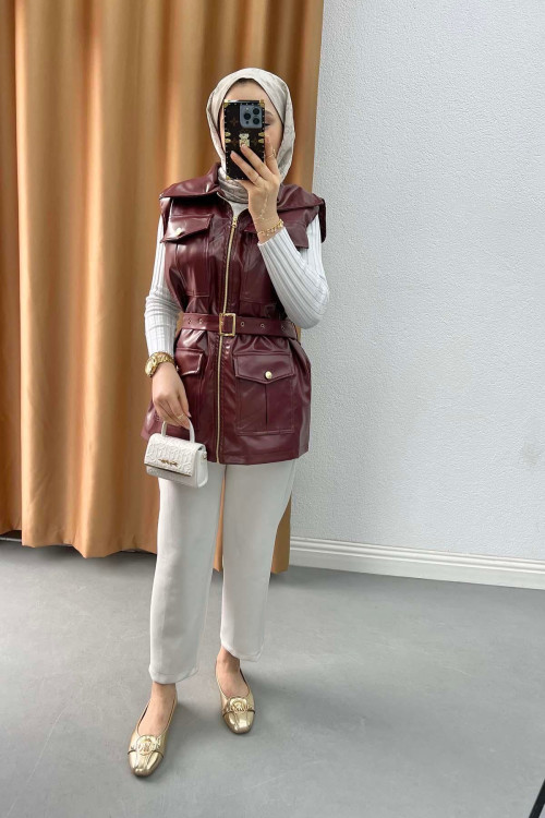 Leather Vest with Pockets Cherry Brown