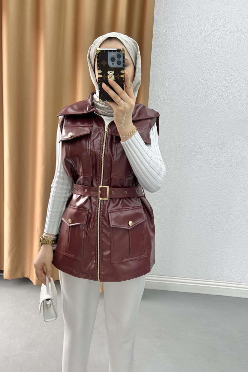 Leather Vest with Pockets Cherry Brown