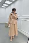 Sare Fashion Flower Brooch Belted Jacquard Suit Beige