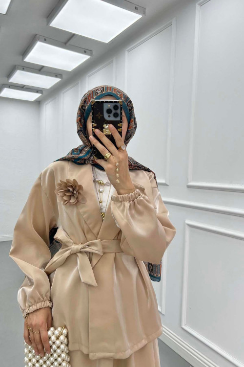Sare Fashion Flower Brooch Belted Jacquard Suit Beige