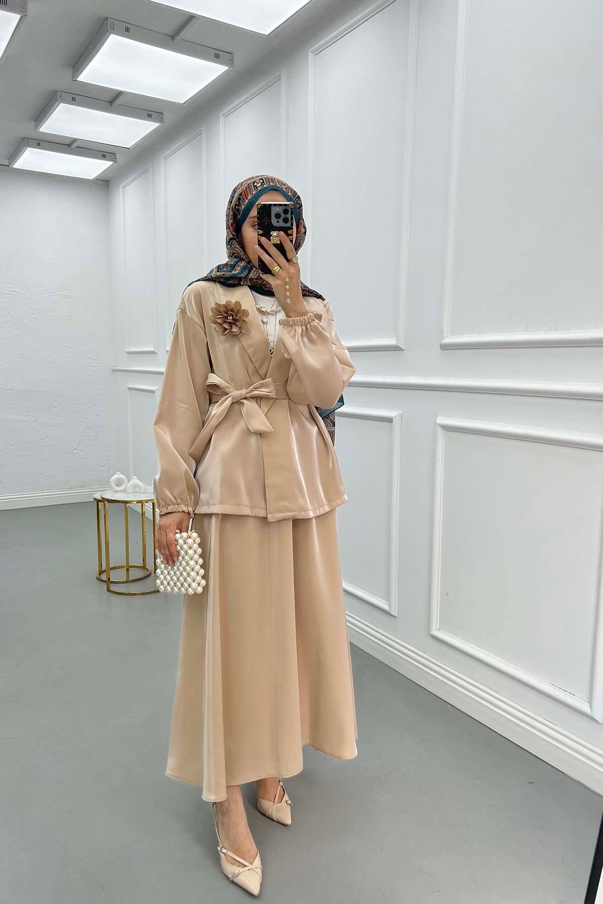 Sare Fashion Flower Brooch Belted Jacquard Suit Beige