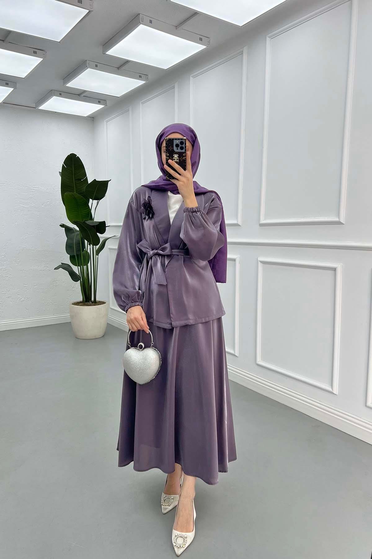 Sare Fashion Flower Brooch Belted Jacquard Suit Purple