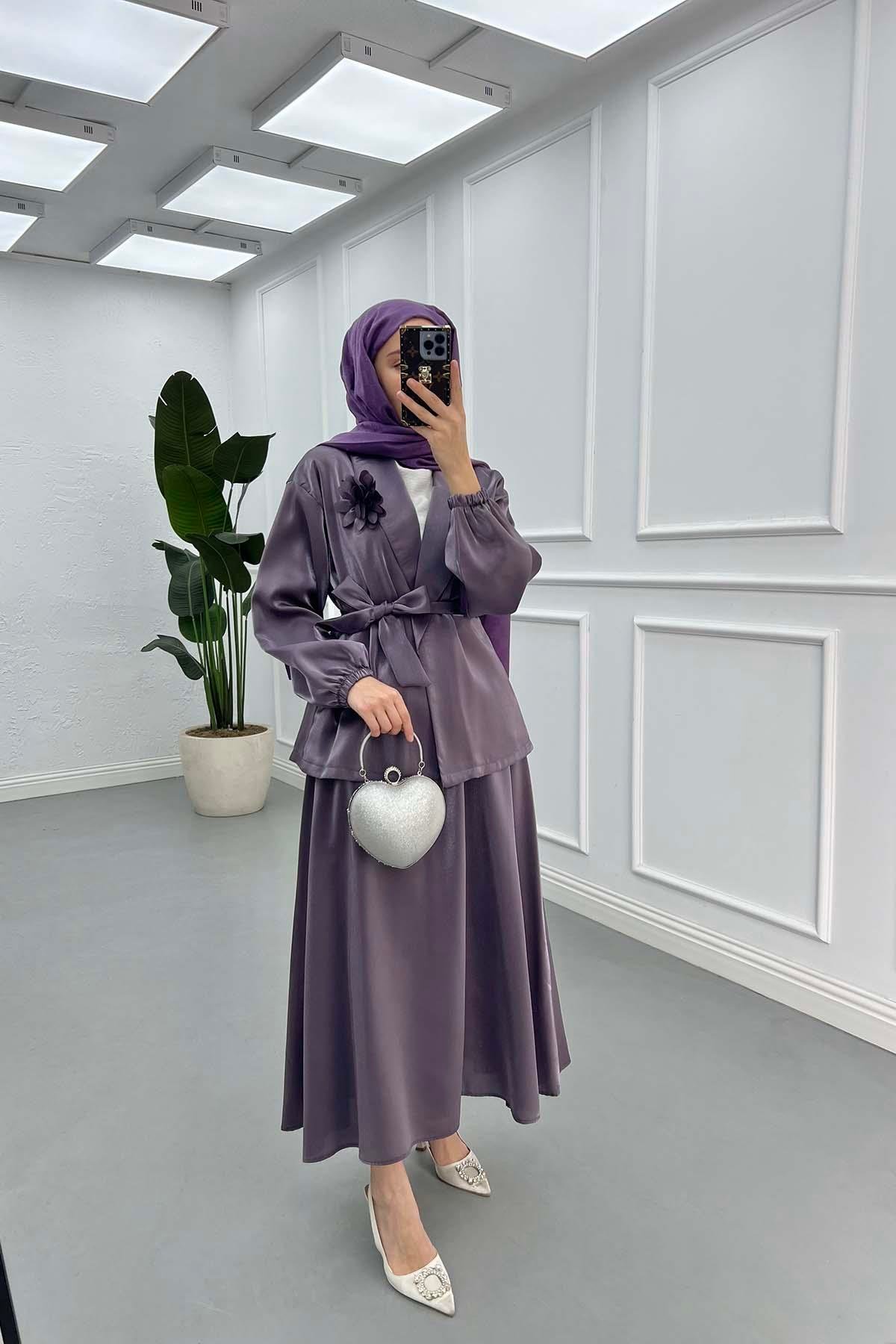 Sare Fashion Flower Brooch Belted Jacquard Suit Purple