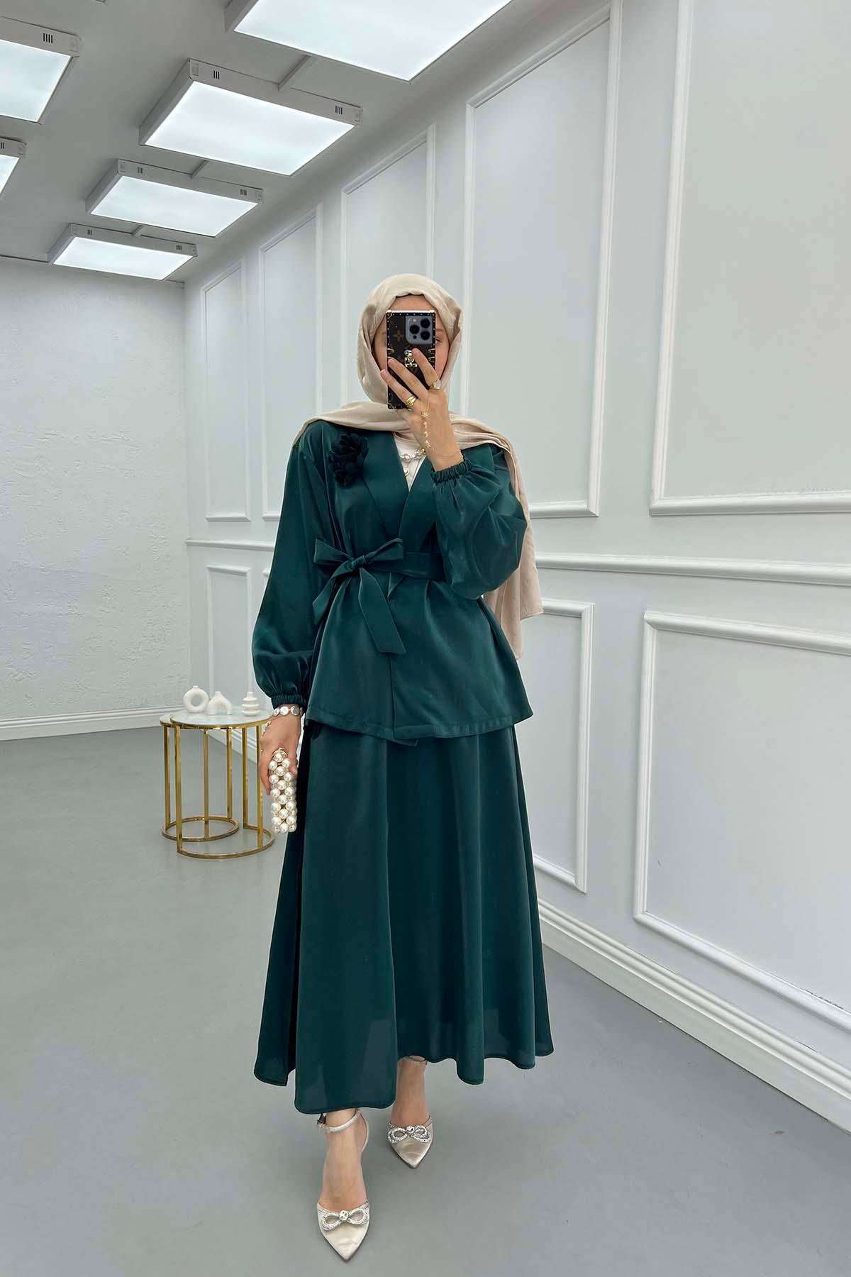 Sare Fashion Flower Brooch Belted Jacquard Suit Emerald Green