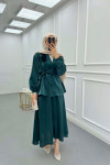 Sare Fashion Flower Brooch Belted Jacquard Suit Emerald Green