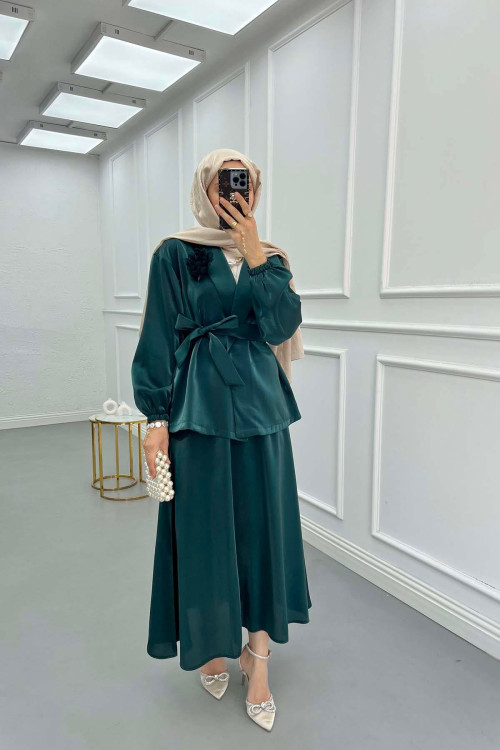 Sare Fashion Flower Brooch Belted Jacquard Suit Emerald Green