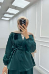 Sare Fashion Flower Brooch Belted Jacquard Suit Emerald Green