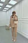 Sare Fashion Flower Brooch Jacquard Trouser Suit Beige