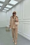 Sare Fashion Flower Brooch Jacquard Trouser Suit Beige