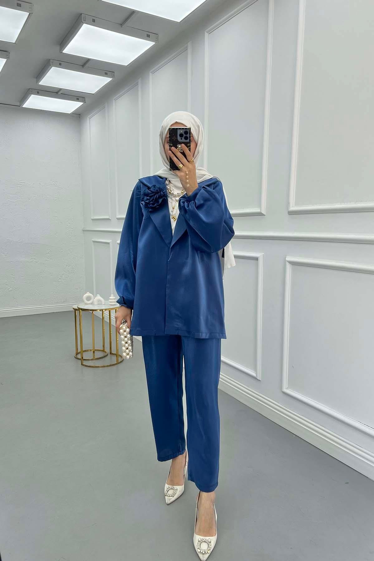 Sare Fashion Flower Brooch Trouser Jacquard Suit Indigo