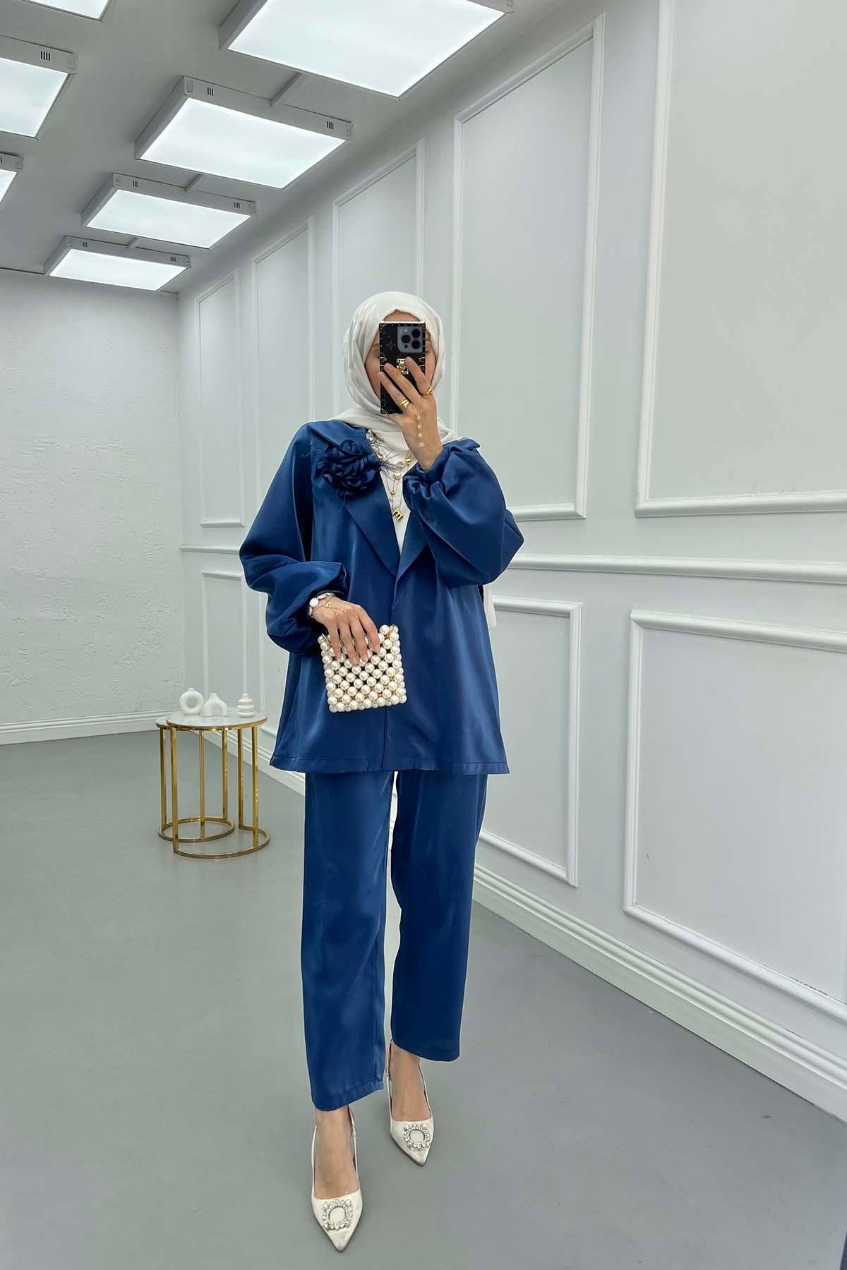 Sare Fashion Flower Brooch Trouser Jacquard Suit Indigo
