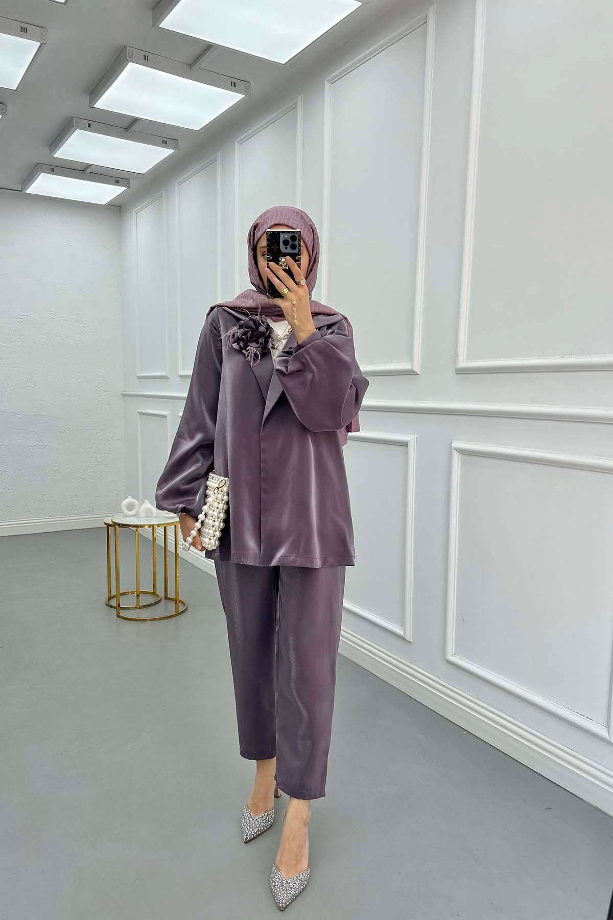 Sare Fashion Flower Brooch Trouser Jacquard Suit Purple