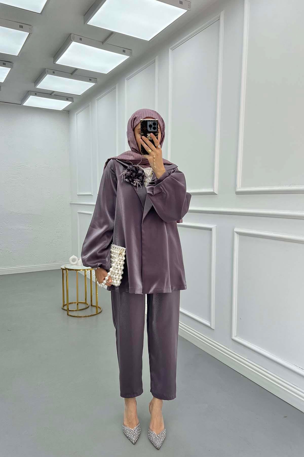 Sare Fashion Flower Brooch Trouser Jacquard Suit Purple