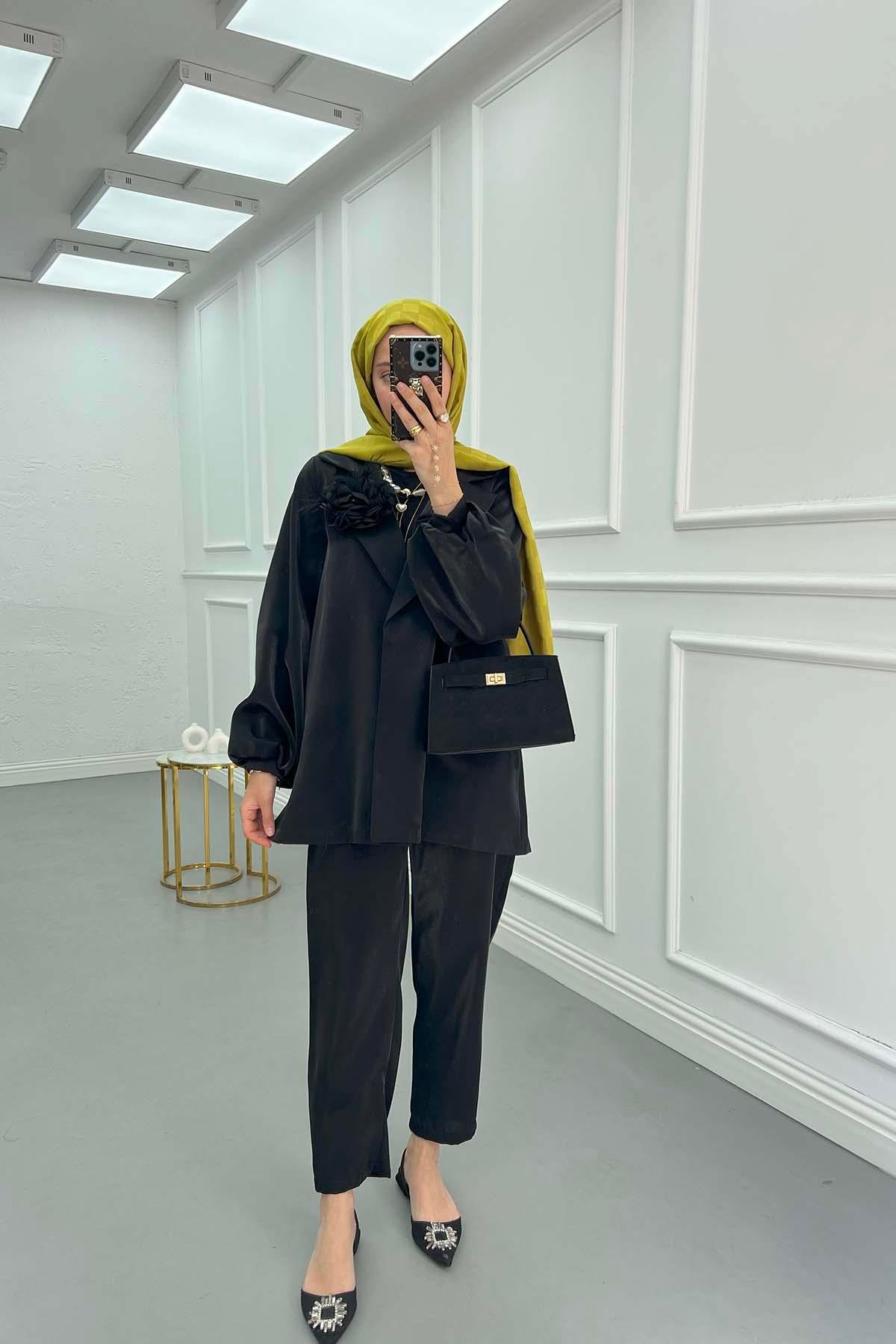 Sare Fashion Flower Brooch Trouser Jacquard Suit Black