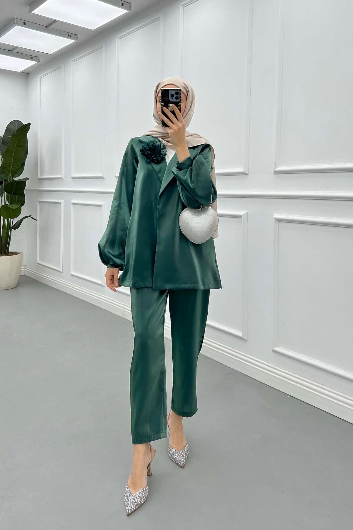 Sare Fashion Flower Brooch Trouser Jacquard Suit Emerald Green