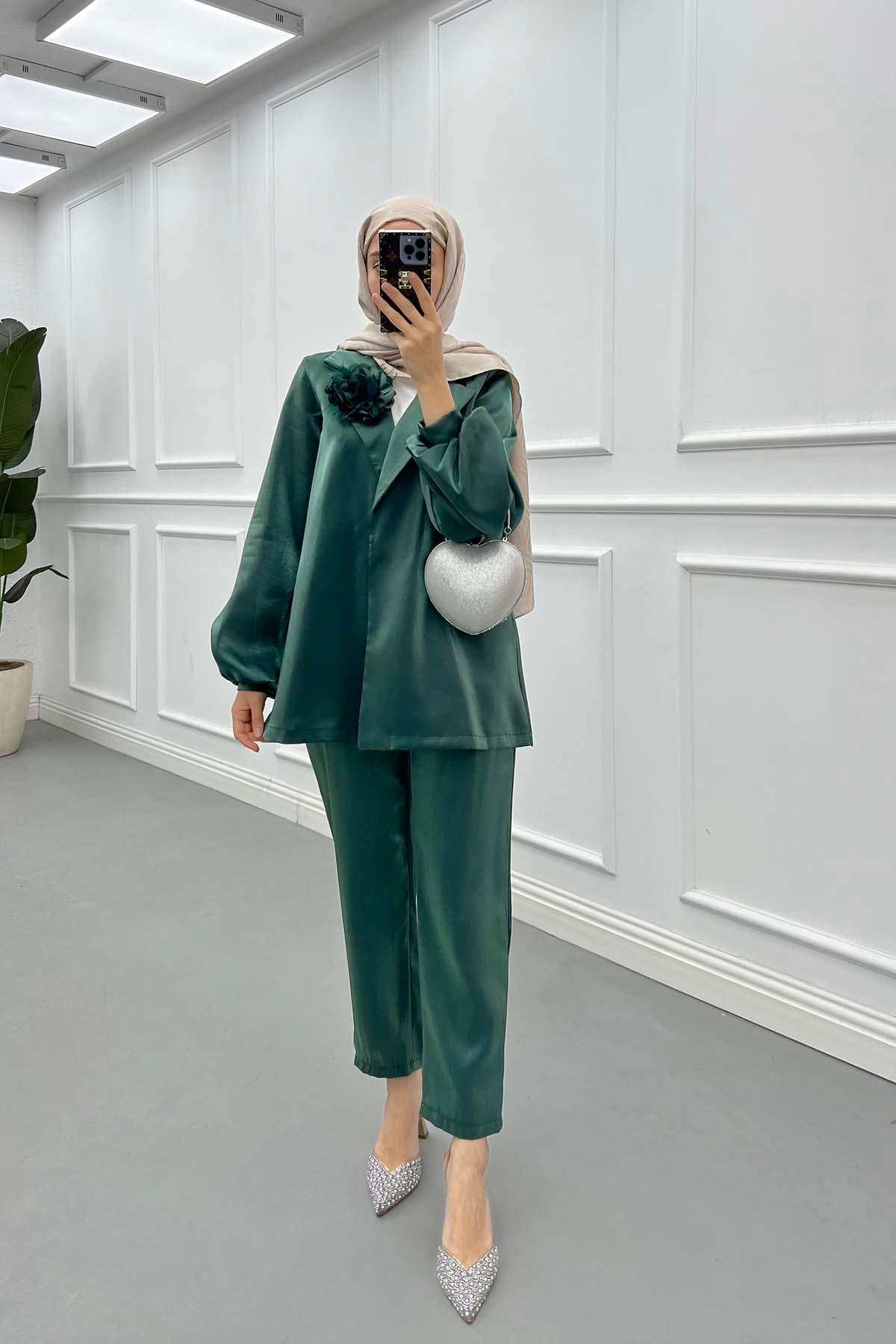 Sare Fashion Flower Brooch Trouser Jacquard Suit Emerald Green