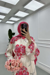 Sare Fashion Floral Patterned Lined Belted Satin Dress Fuchsia