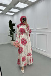 Sare Fashion Floral Patterned Lined Belted Satin Dress Fuchsia