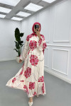 Sare Fashion Floral Patterned Lined Belted Satin Dress Fuchsia