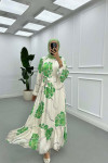 Sare Fashion Floral Patterned Lined Belted Satin Dress Green