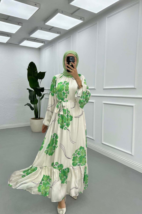 Sare Fashion Floral Patterned Lined Belted Satin Dress Green