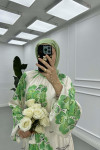 Sare Fashion Floral Patterned Lined Belted Satin Dress Green