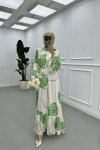 Sare Fashion Floral Patterned Lined Belted Satin Dress Green