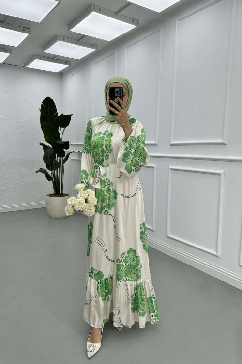 Sare Fashion Floral Patterned Lined Belted Satin Dress Green
