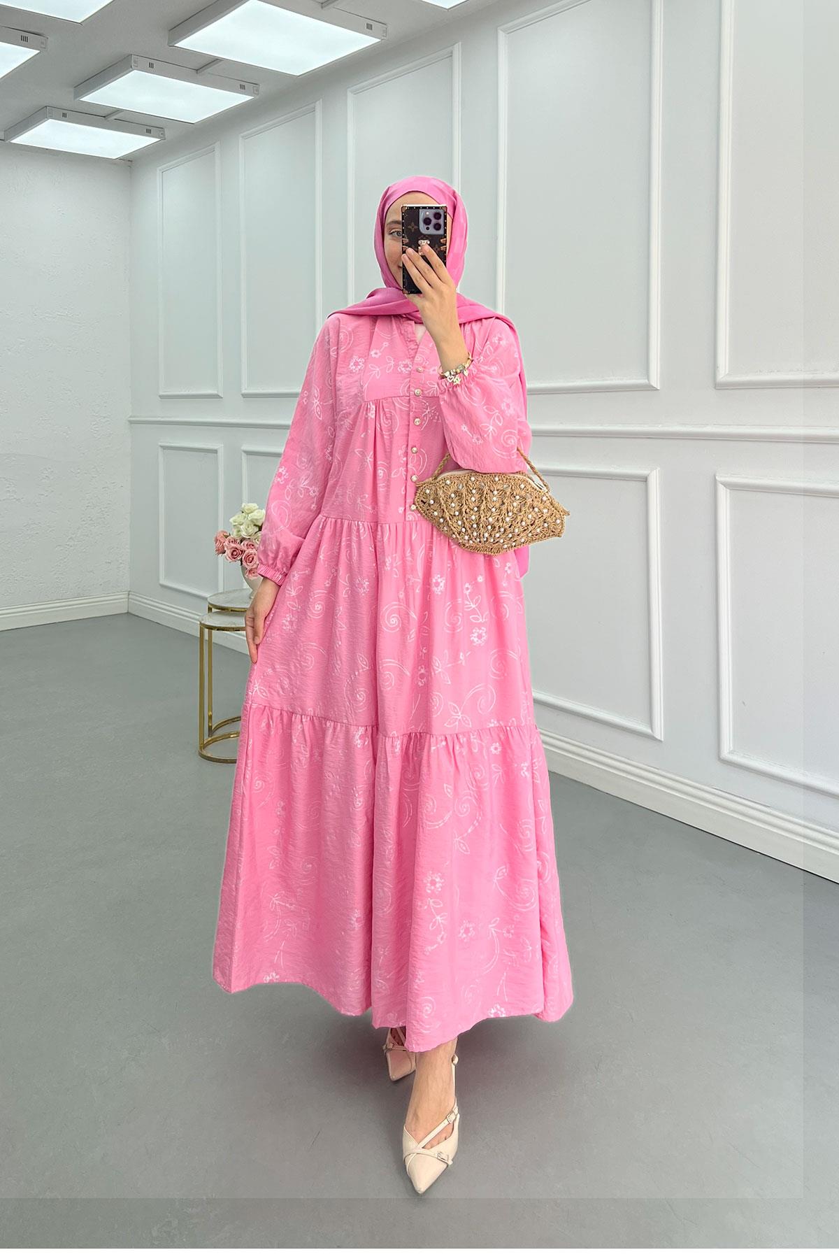 Sare Fashion Flower Pattern Button Detail Dress Pink
