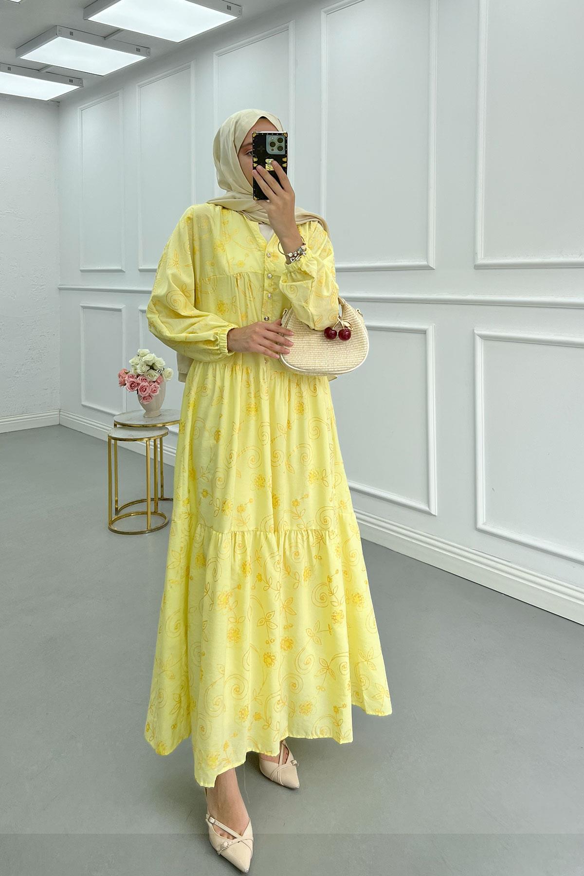 Sare Fashion Flower Pattern Button Detail Dress Yellow