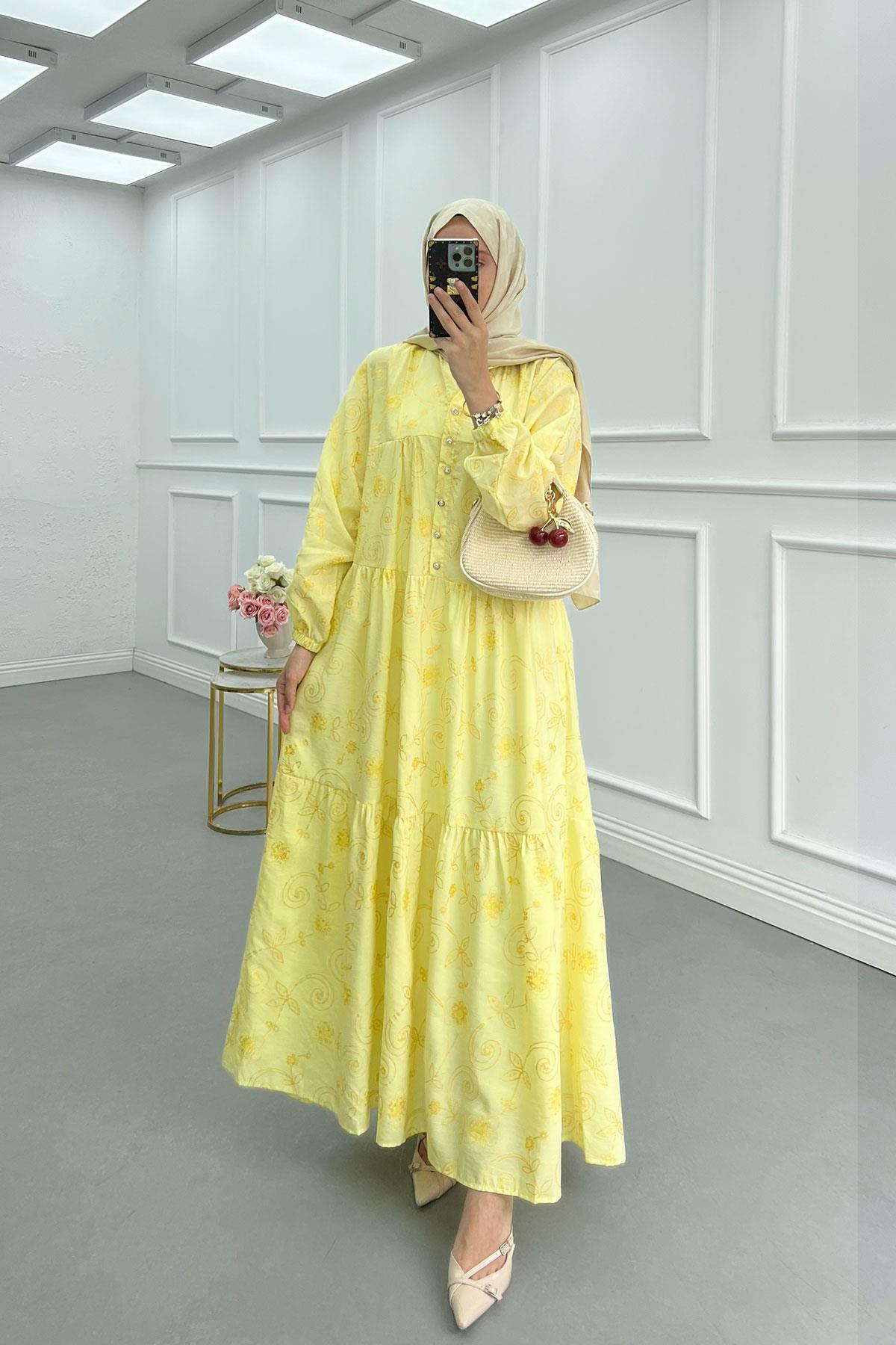Sare Fashion Flower Pattern Button Detail Dress Yellow