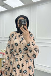 Sare Fashion Floral Pattern Belt Detailed Dress Beige