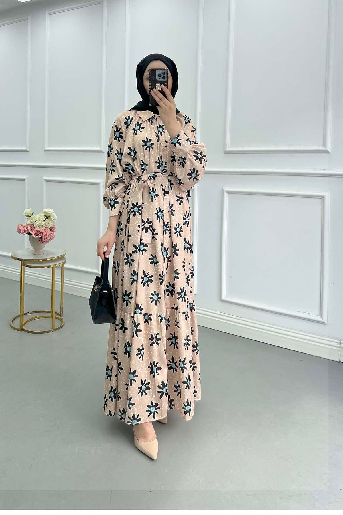 Sare Fashion Floral Pattern Belt Detailed Dress Beige