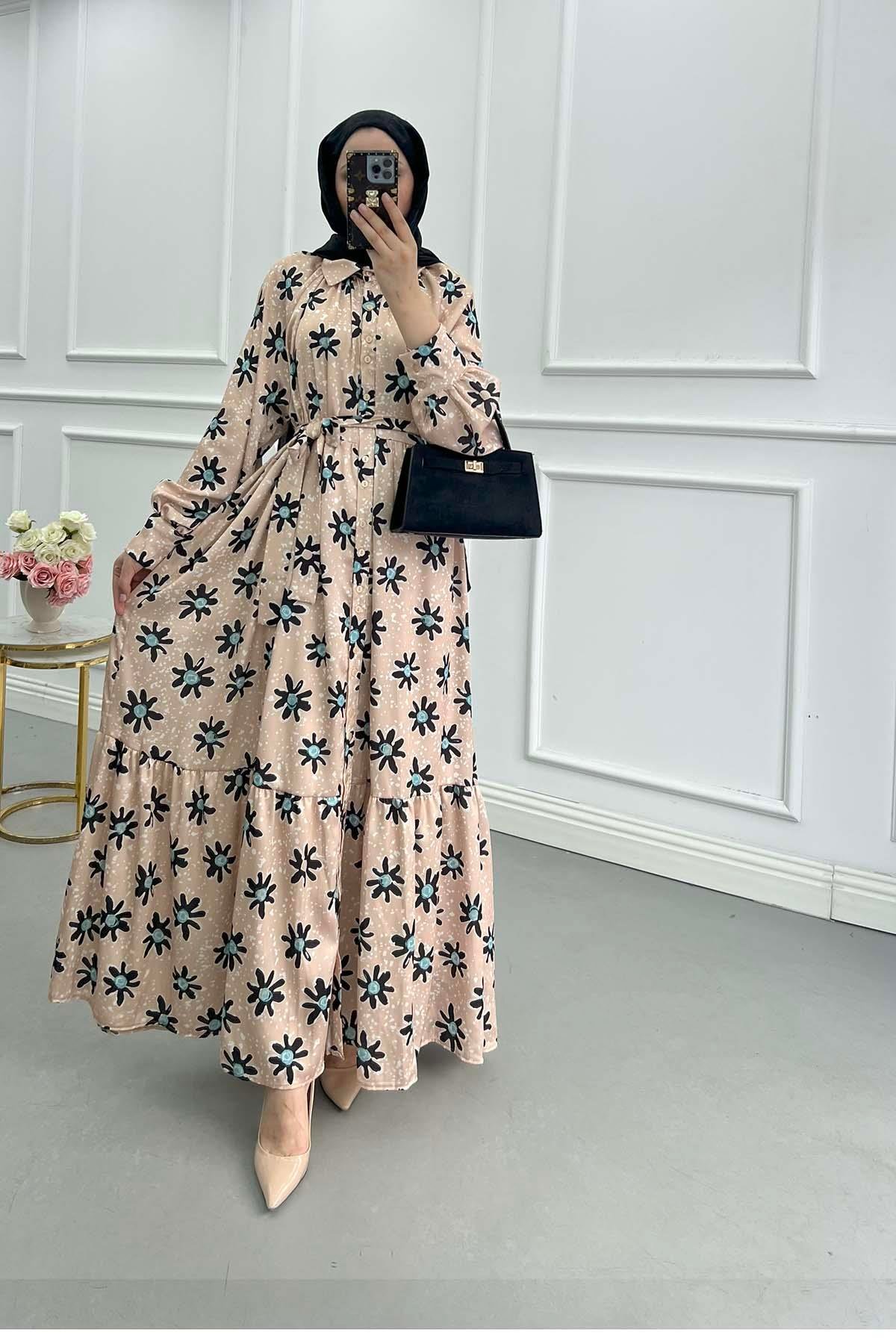 Sare Fashion Floral Pattern Belt Detailed Dress Beige
