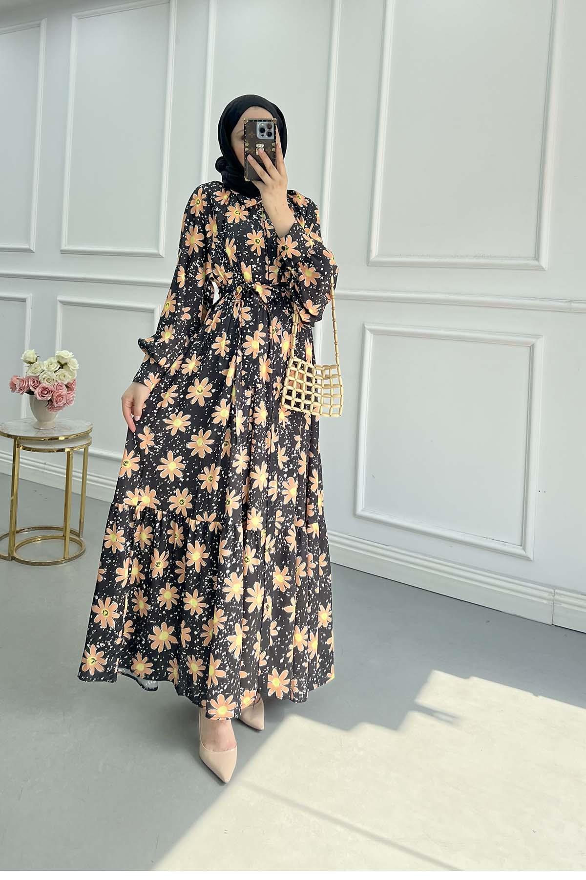 Sare Fashion Floral Pattern Belt Detailed Dress Black