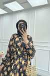Sare Fashion Floral Pattern Belt Detailed Dress Black