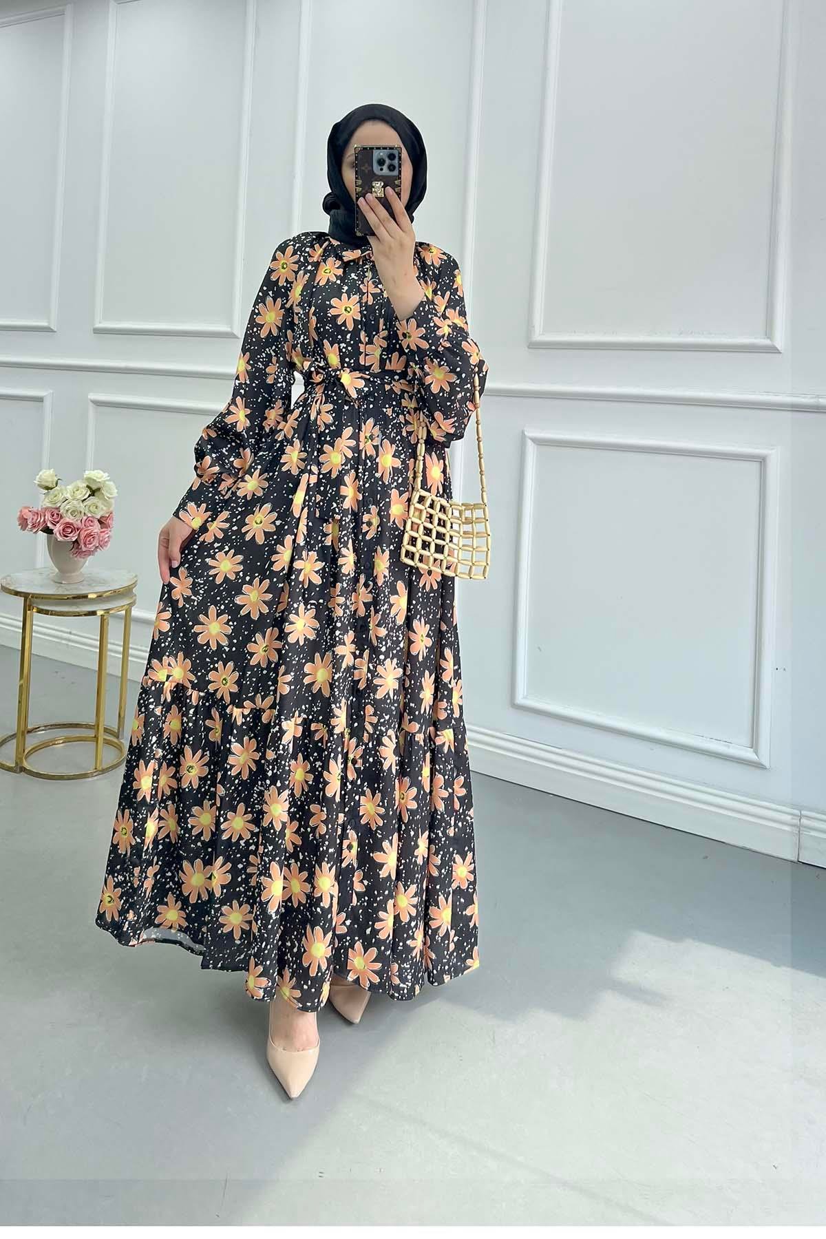 Sare Fashion Floral Pattern Belt Detailed Dress Black