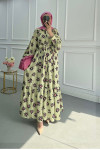 Sare Fashion Floral Pattern Belt Detailed Dress Green