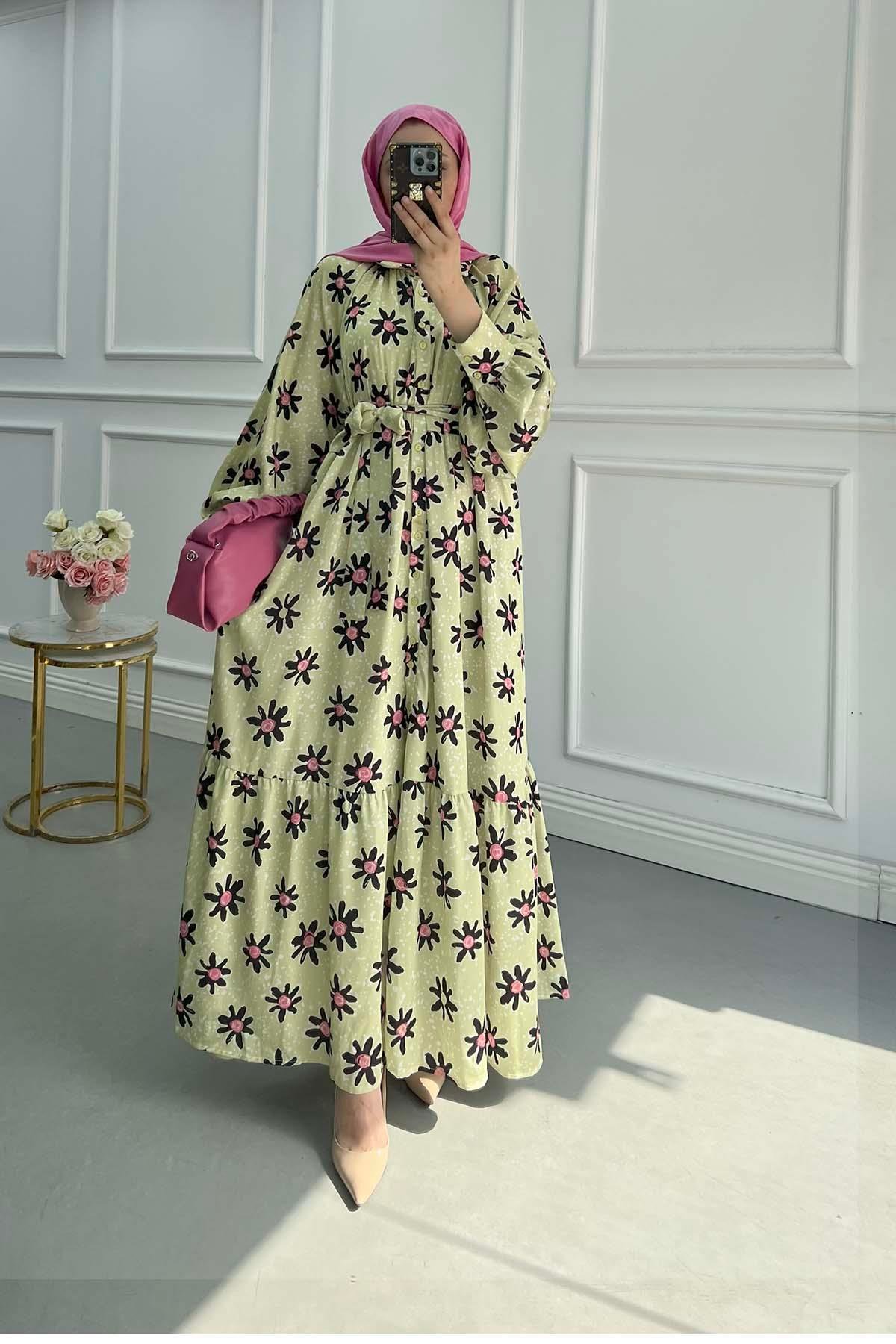 Sare Fashion Floral Pattern Belt Detailed Dress Green