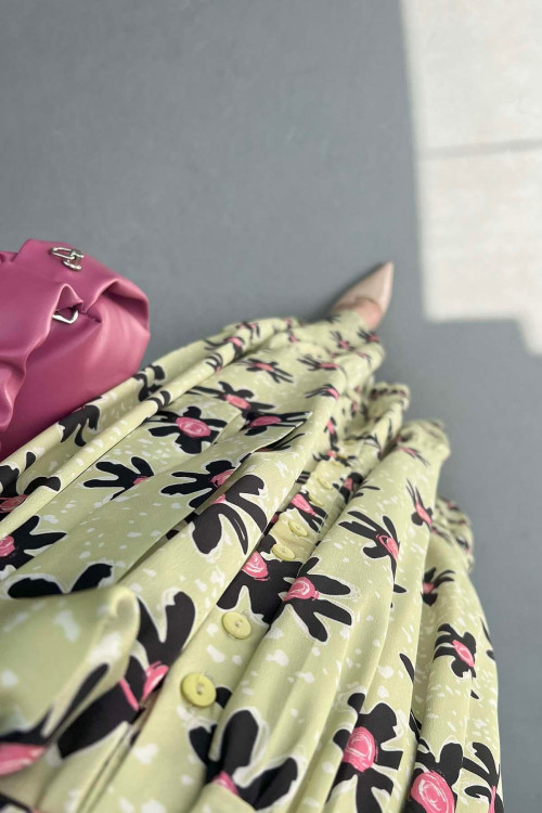 Sare Fashion Floral Pattern Belt Detailed Dress Green