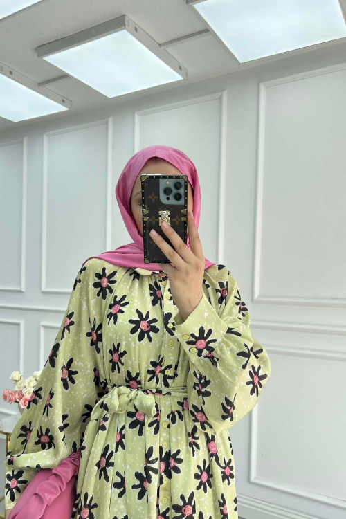 Sare Fashion Floral Pattern Belt Detailed Dress Green