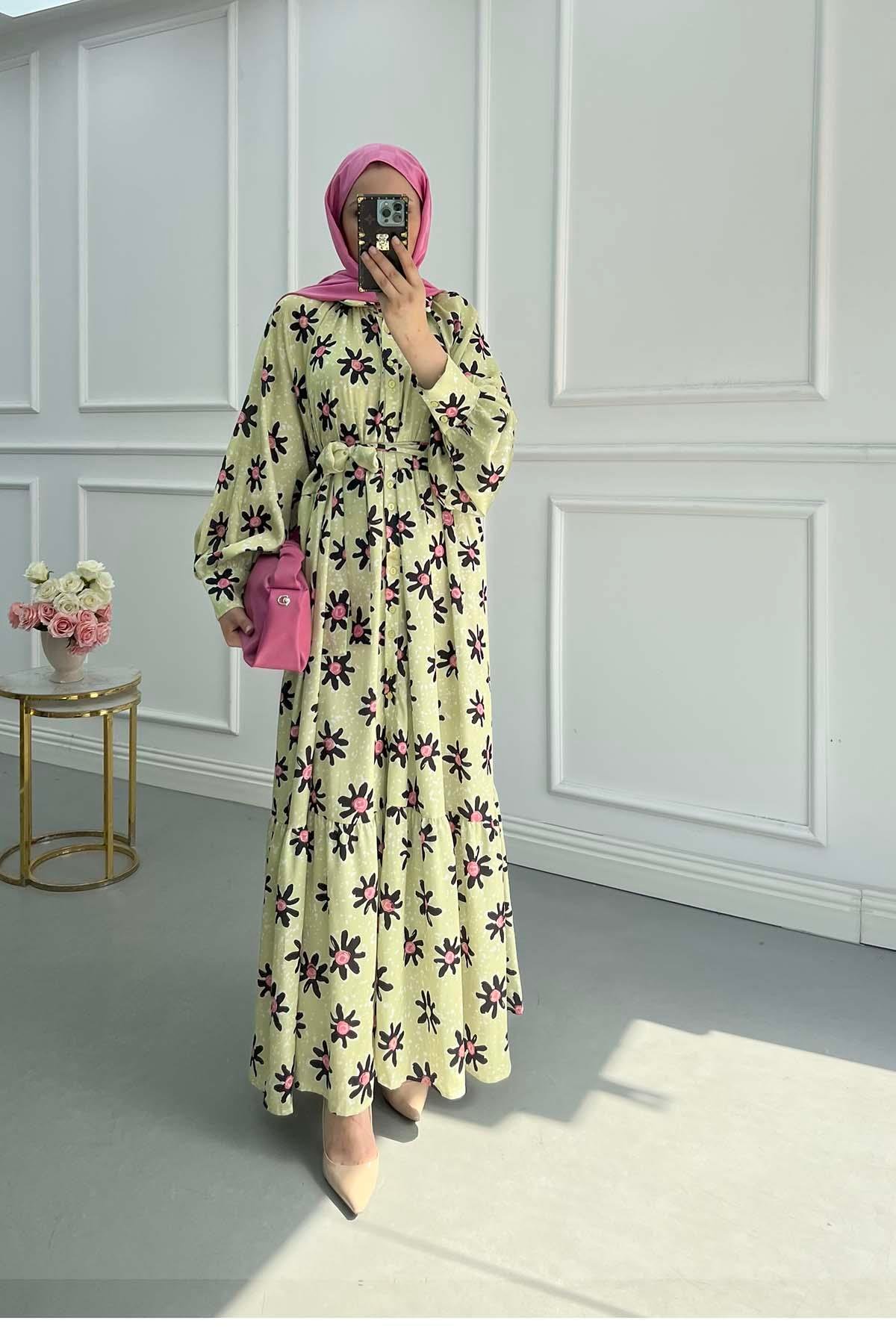 Sare Fashion Floral Pattern Belt Detailed Dress Green
