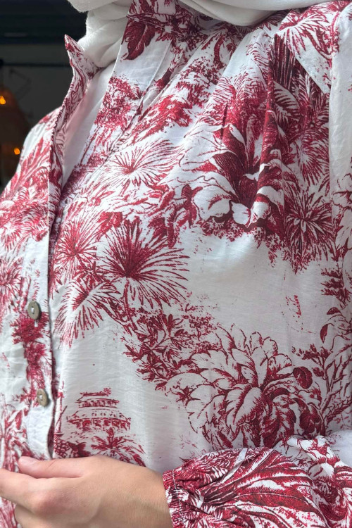 Sare Fashion Floral Pattern Viscose Dress Claret Red